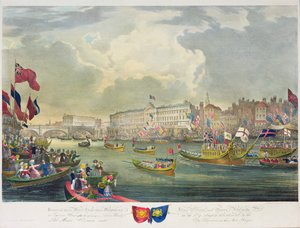 Kilátás a Temze folyóra IV. Vilmos király és Adelaide királynő megnyitásakor a London Bridge-et, vésette William Day (1797-1845) 1831